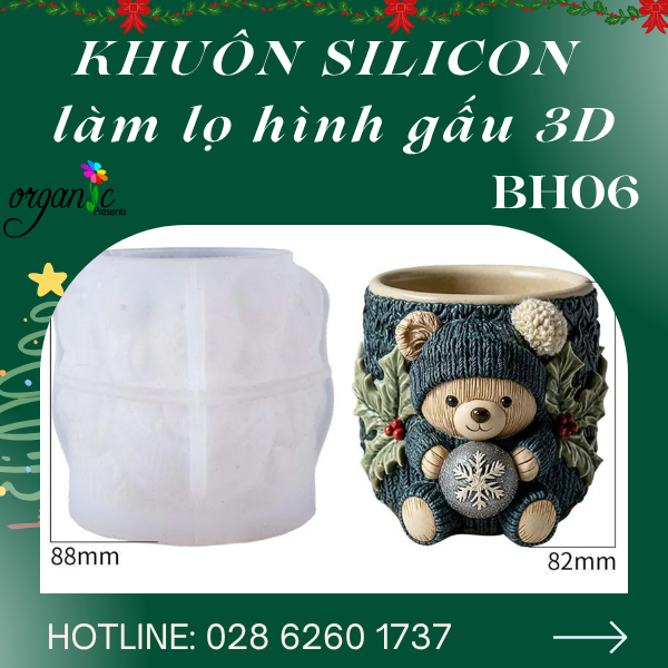 KHUÔN SILICON LÀM BÌNH HOA, LY ĐỰNG NẾN HÌNH GẤU 3D (BH06)