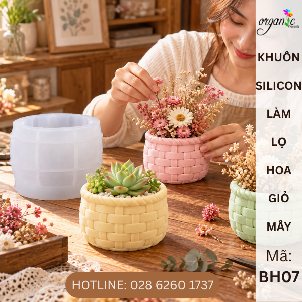 KHUÔN SILICON LÀM BÌNH HOA, LY ĐỰNG NẾN HÌNH GIỎ MÂY (BH07)