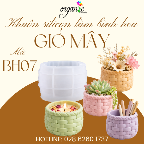 KHUÔN SILICON LÀM BÌNH HOA, LY ĐỰNG NẾN HÌNH GIỎ MÂY (BH07)