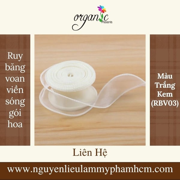 RUY BĂNG VOAN VIỀN SÓNG GÓI HOA NẾN (MÀU TRẮNG KEM - RBV03)