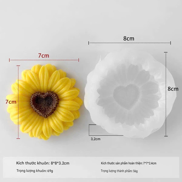 KHUÔN SILICON LÀM NẾN THƠM HÌNH HOA HƯỚNG DƯƠNG NHỤY TRÁI TIM (H48)