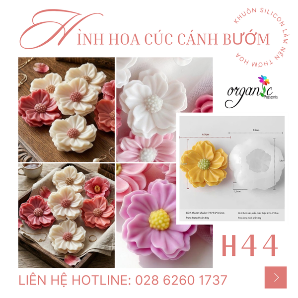 KHUÔN SILICON LÀM NẾN THƠM HÌNH HOA CÚC CÁNH BƯỚM (H44)