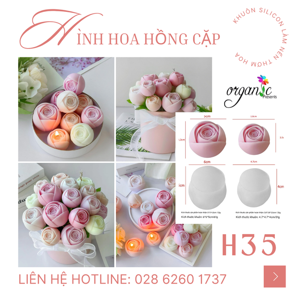 KHUÔN SILICON LÀM NẾN THƠM HÌNH HOA HỒNG CẶP (H35)