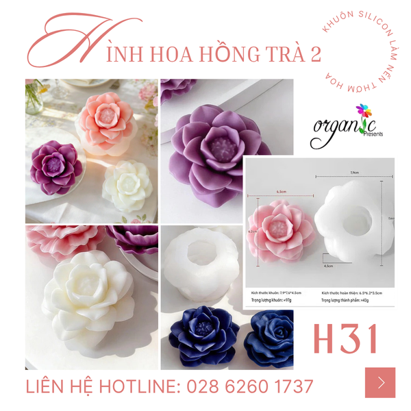 KHUÔN SILICON LÀM NẾN THƠM HÌNH HOA HỒNG TRÀ 2 (H31)