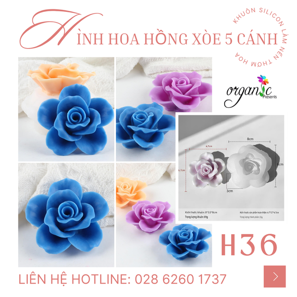 KHUÔN SILICON LÀM NẾN THƠM HÌNH HOA HỒNG XÒE 5 CÁNH (H36)