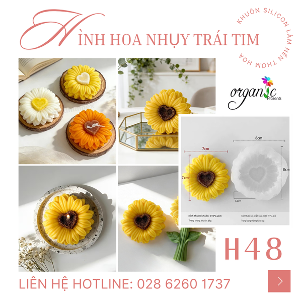 KHUÔN SILICON LÀM NẾN THƠM HÌNH HOA HƯỚNG DƯƠNG NHỤY TRÁI TIM (H48)