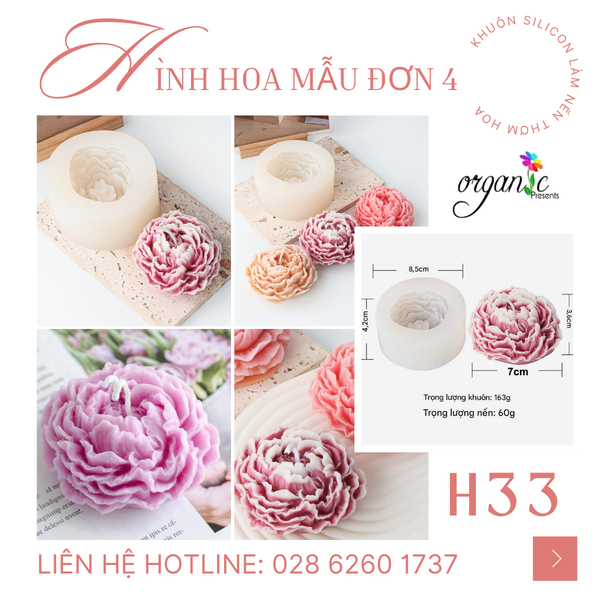 KHUÔN SILICON LÀM NẾN THƠM HÌNH HOA MẪU ĐƠN 4 (H33)