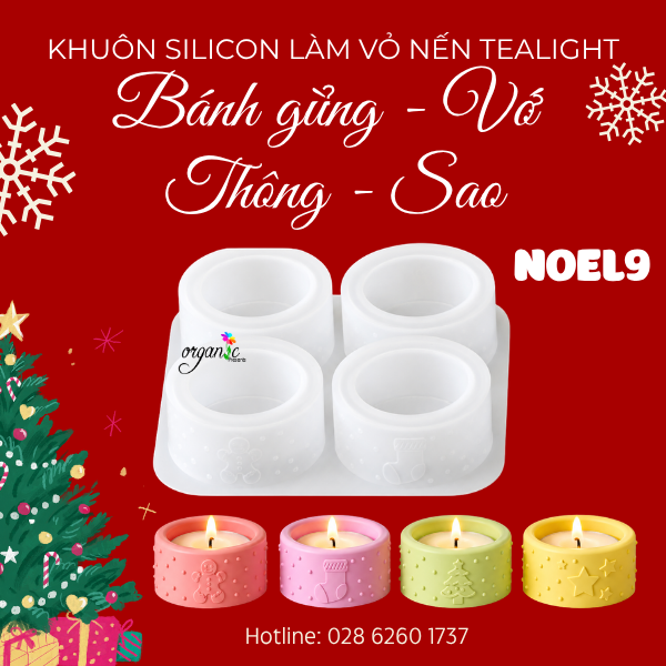 KHUÔN SILICON LÀM VỎ ĐỰNG NẾN TEALIGHT HÌNH BÁNH GỪNG - VỚ - THÔNG - SAO (NOEL9)