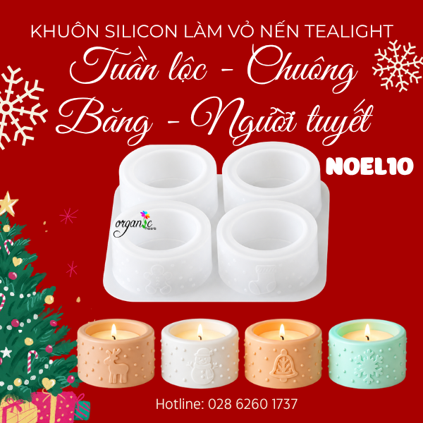 KHUÔN SILICON LÀM VỎ ĐỰNG NẾN TEALIGHT HÌNH TUẦN LỘC - NGƯỜI TUYẾT - CHUÔNG - BĂNG (NOEL10)