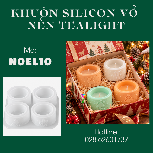 KHUÔN SILICON LÀM VỎ ĐỰNG NẾN TEALIGHT HÌNH TUẦN LỘC - NGƯỜI TUYẾT - CHUÔNG - BĂNG (NOEL10)