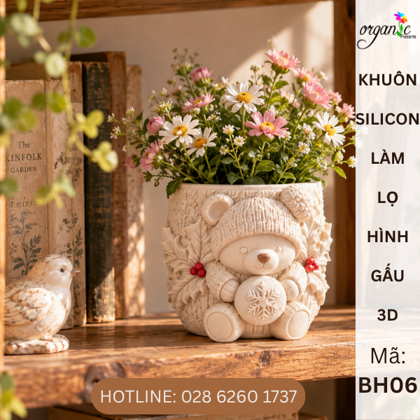 KHUÔN SILICON LÀM BÌNH HOA, LY ĐỰNG NẾN HÌNH GẤU 3D (BH06)