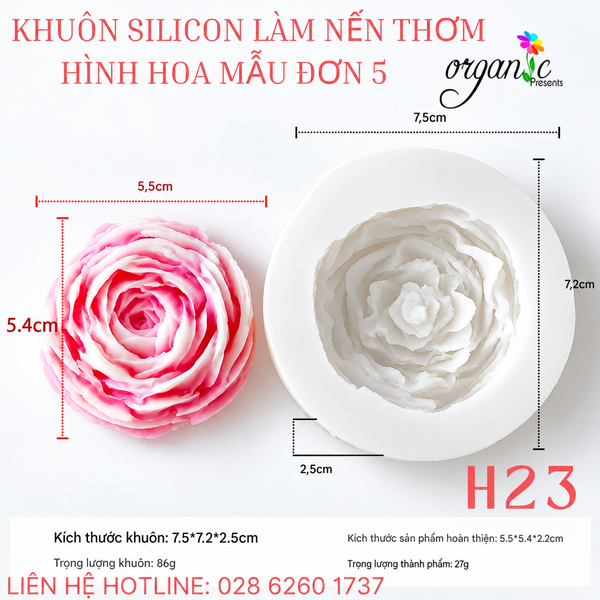 KHUÔN SILICON LÀM NẾN THƠM HÌNH HOA MẪU ĐƠN 5 (H23)