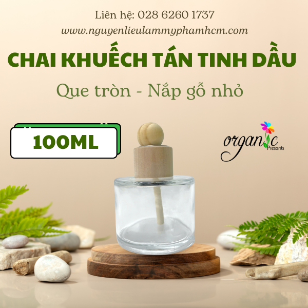 CHAI KHUẾCH TÁN TINH DẦU 100 ML (TRỤ TRÒN, NẮP GỖ NHỎ KÈM QUE GỖ)