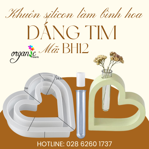 KHUÔN SILICON LÀM THẠCH CAO HÌNH BÌNH HOA DÁNG TIM CÁCH ĐIỆU - KÈM ỐNG NHỰA (BH12)