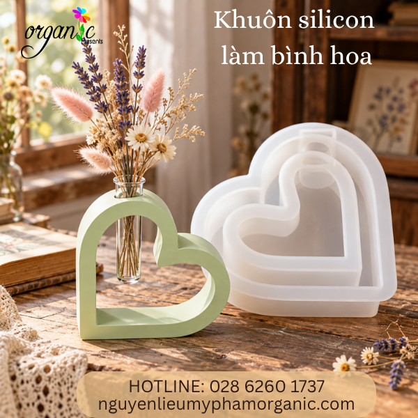 KHUÔN SILICON LÀM THẠCH CAO HÌNH BÌNH HOA DÁNG TIM CÁCH ĐIỆU - KÈM ỐNG NHỰA (BH12)