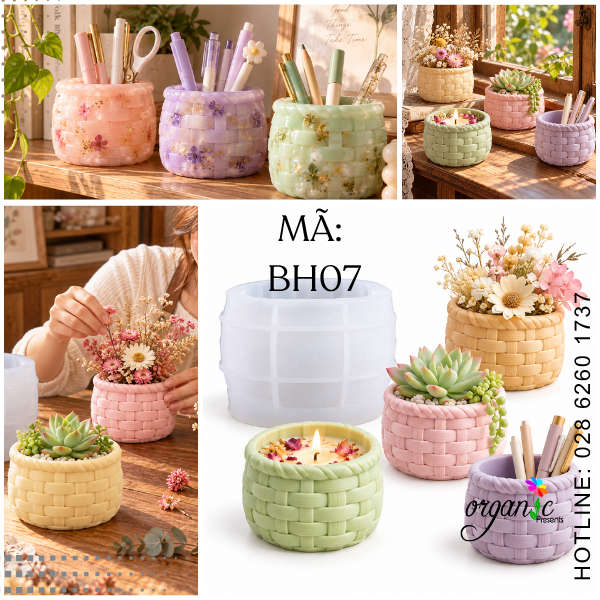 KHUÔN SILICON LÀM BÌNH HOA, LY ĐỰNG NẾN HÌNH GIỎ MÂY (BH07)