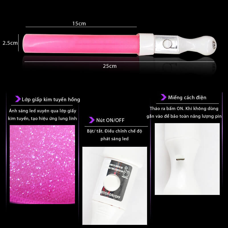 Gậy led cổ vũ kim tuyến hồng 25cm Gậy led cổ vũ kim tuyến hồng 25cm