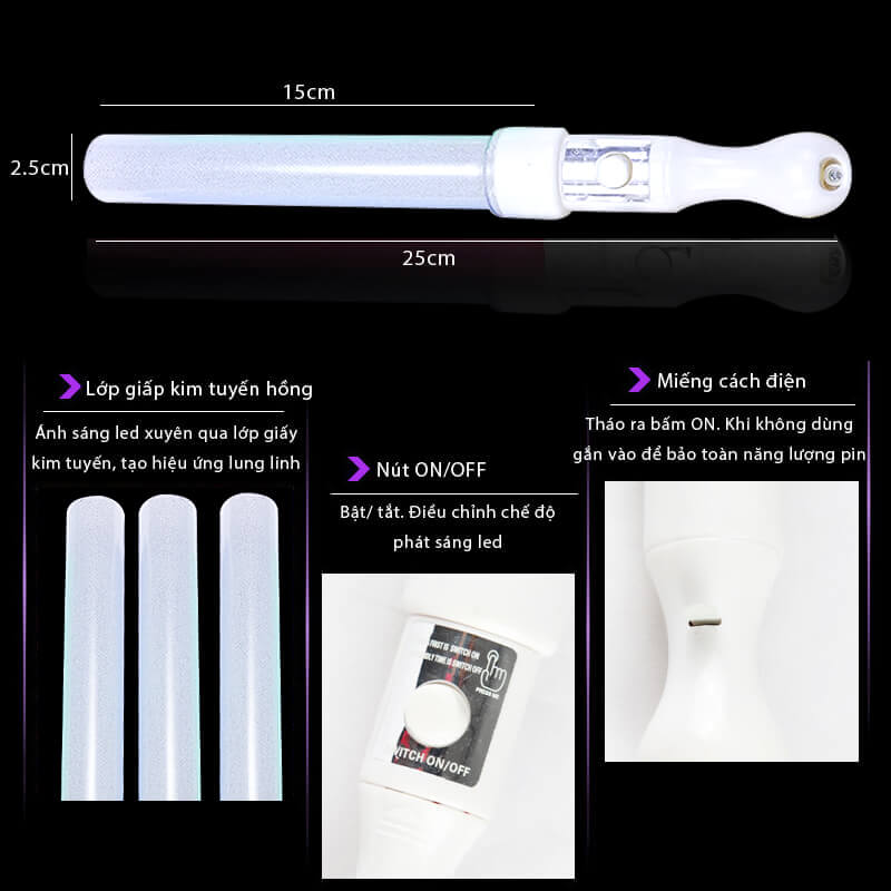 Gậy led cổ vũ kim tuyến trắng 25cm Gậy led cổ vũ kim tuyến trắng 25cm