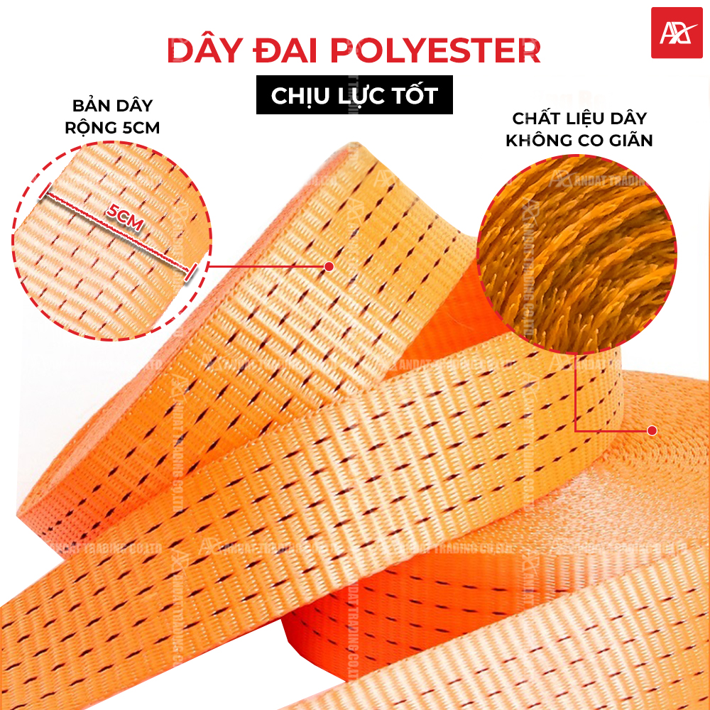 Sử dụng dây đai Polyester bản 50mm có tải kéo đứt lên đến 5 tấn Sử dụng dây đai Polyester bản 50mm có tải kéo đứt lên đến 5 tấn