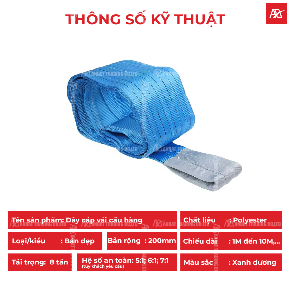 Thông số kỹ thuật của dây cáp vải cẩu hàng 8 tấn Thông số kỹ thuật của dây cáp vải cẩu hàng 8 tấn