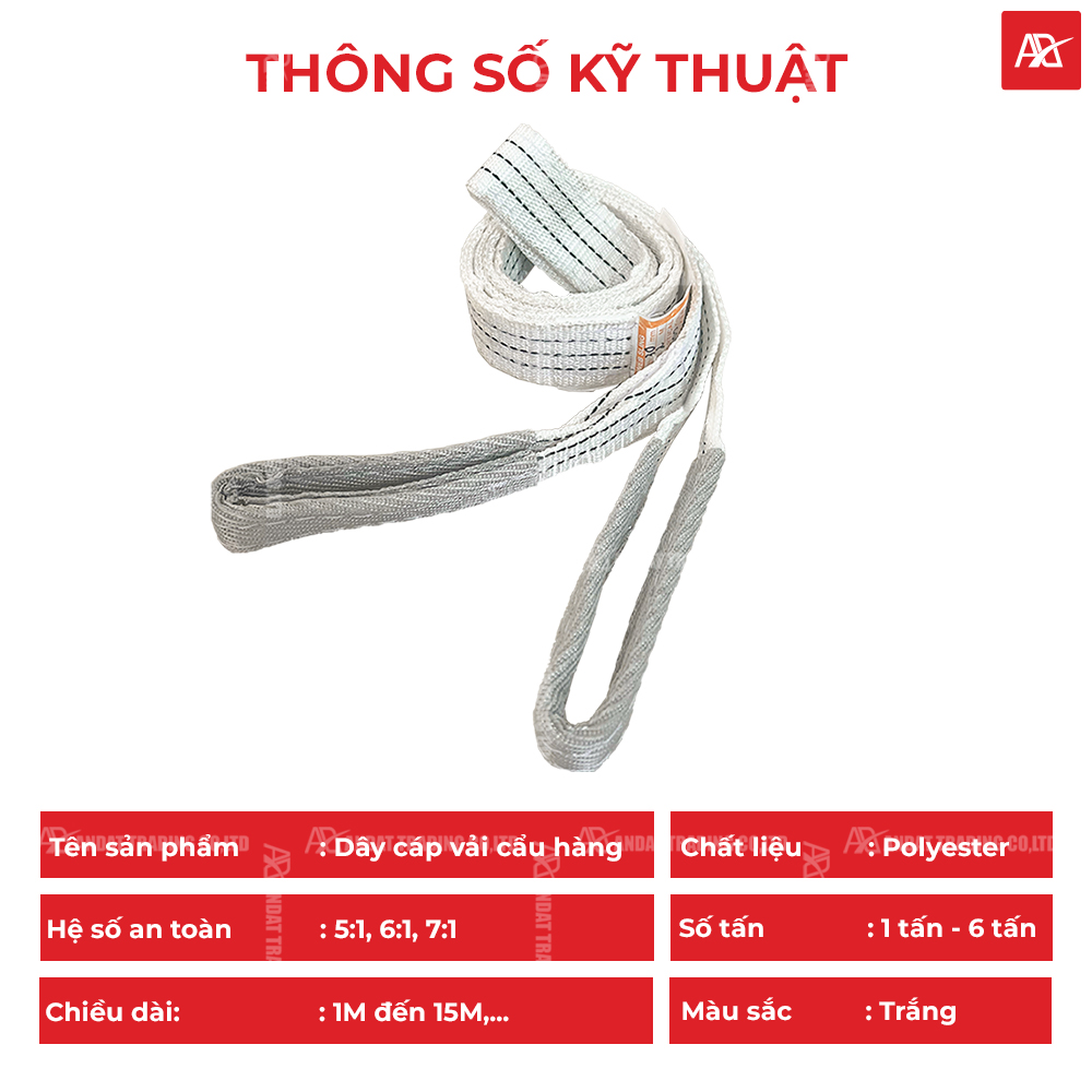Thông số kỹ thuật dây cáp vải trắng bản dẹt 2 đầu mắt Thông số kỹ thuật dây cáp vải trắng bản dẹt 2 đầu mắt