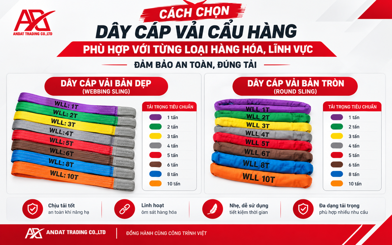 Cách chọn dây cáp vải cẩu hàng phù hợp với từng loại hàng hóa, lĩnh vực - Đảm bảo an toàn, đúng tải