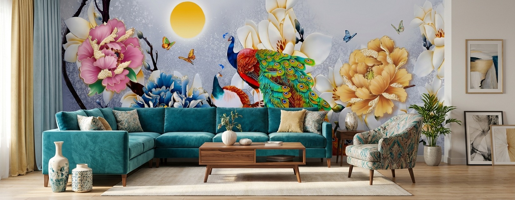 Tranh Ngọc D&aacute;n Tường PTQ-108: Khổng Tước B&ecirc;n Hoa