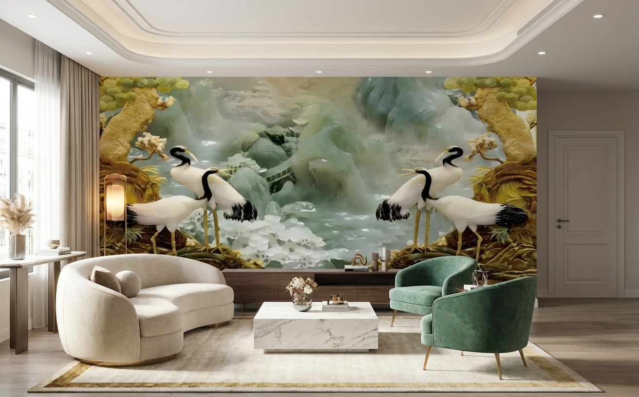 Tranh Ngọc Dán Tường PTQ-023: Hạc Giữa Non Nước Tranh Ngọc Dán Tường PTQ-023: Hạc Giữa Non Nước