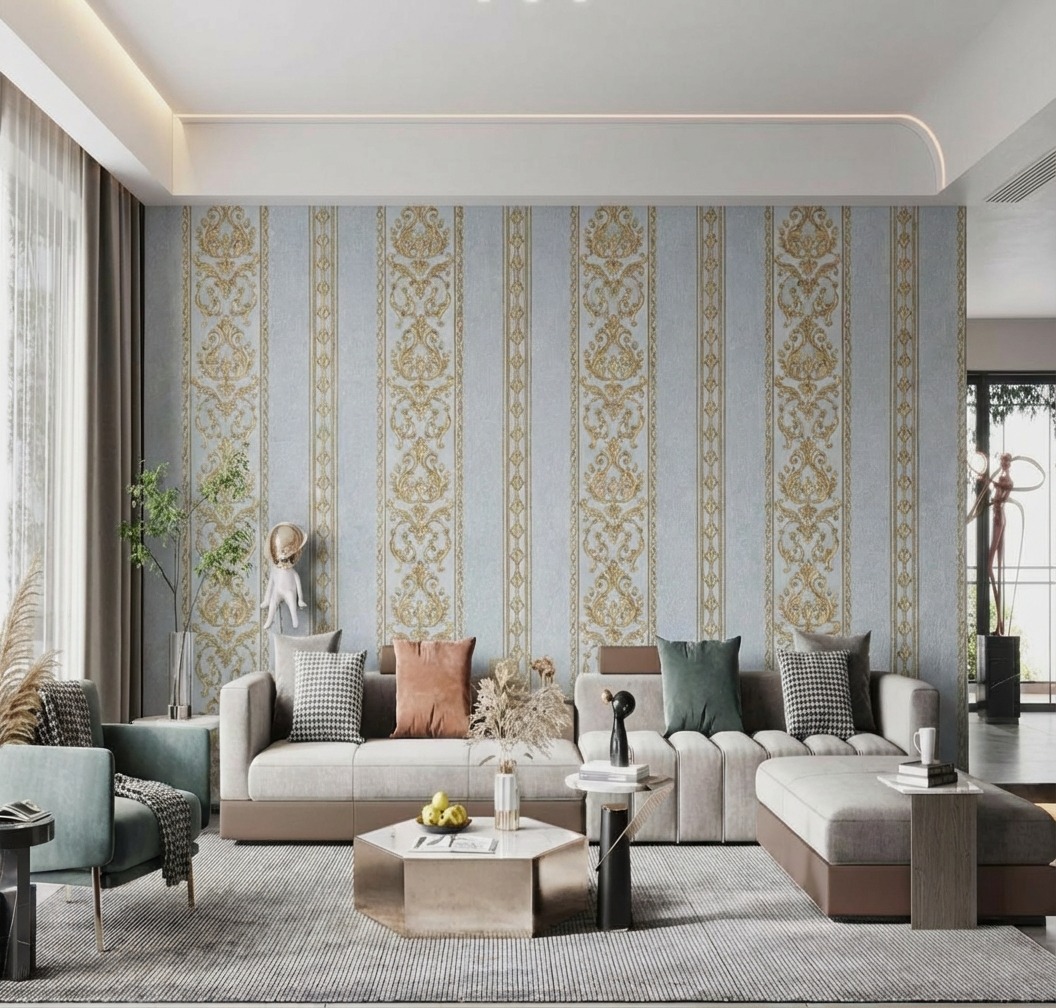 Giấy D&aacute;n Tường M&agrave;u Xanh Da Trời Phối V&agrave;ng Crown M&atilde; C1108