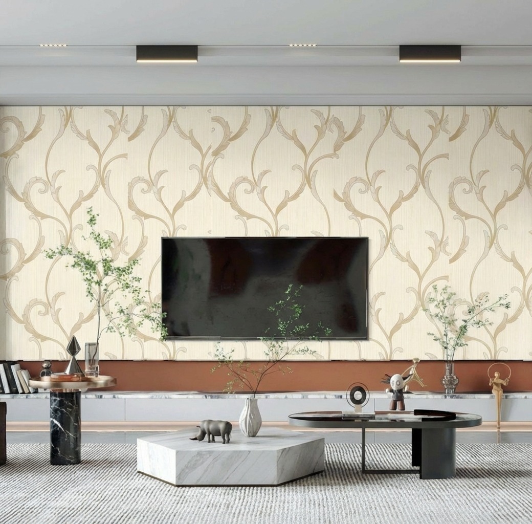 Giấy D&aacute;n Tường Art Deco M&atilde; 8257-2 Be V&agrave;ng Họa Tiết L&aacute; Uốn Lượn Bắt Mắt