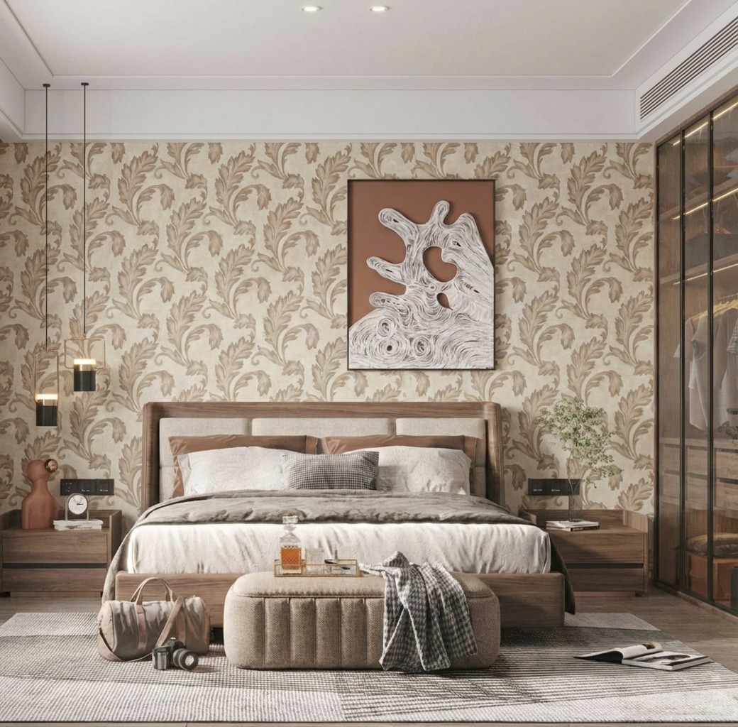 Giấy D&aacute;n Tường Art Deco M&atilde; 8259-2 V&agrave;ng N&acirc;u Hoạ Tiết L&aacute; Cổ Điển