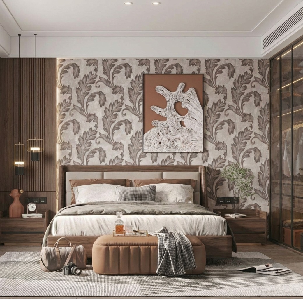 Giấy D&aacute;n Tường Art Deco M&atilde; 8259-3 Trắng N&acirc;u Hoạ Tiết L&aacute; Cổ Điển