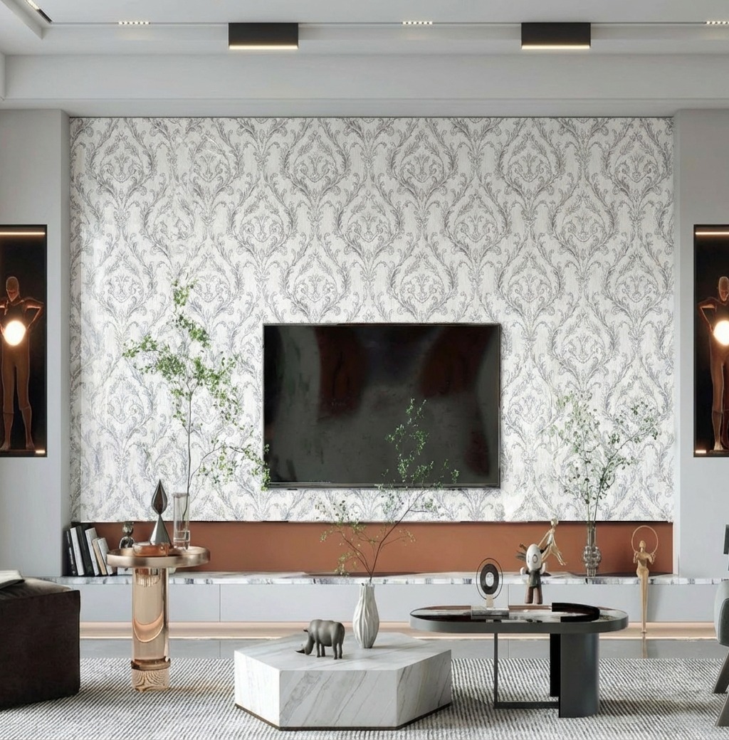 Giấy D&aacute;n Tường Art Deco M&atilde; 8264-1 X&aacute;m Mờ Hoa Văn Cổ Điển