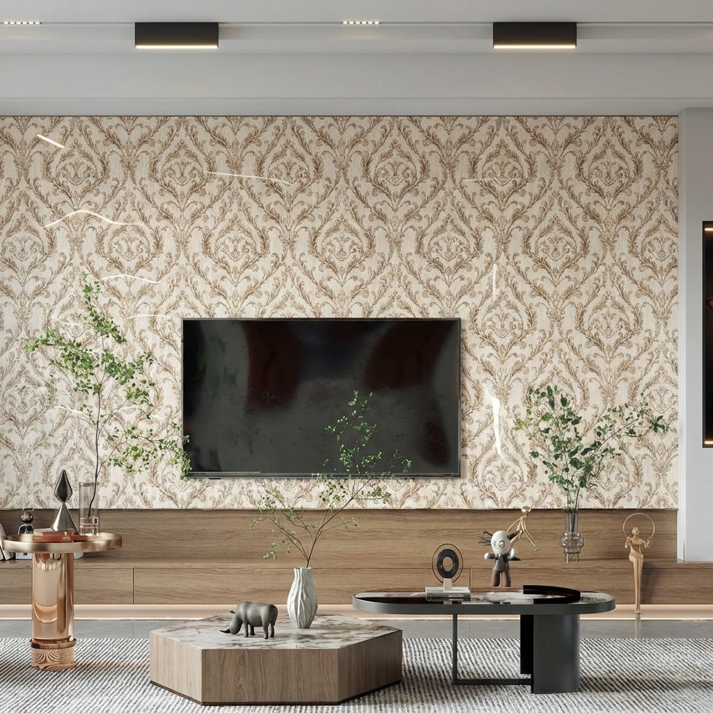 Giấy D&aacute;n Tường Art Deco M&atilde; 8264-4 Be V&agrave;ng Hoa Văn Cổ Điển