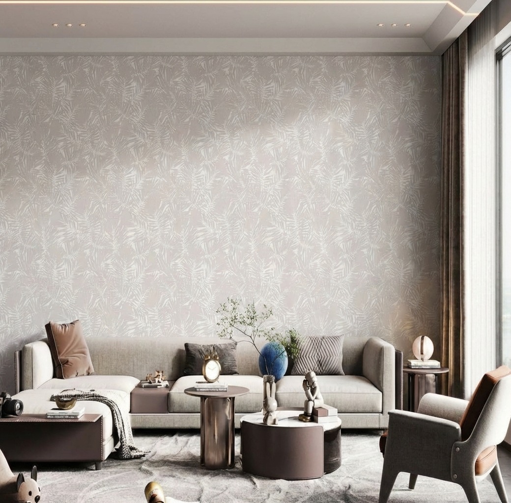 Giấy D&aacute;n Tường Art Deco M&atilde; 8268-1 Trắng Mờ Hoạ Tiết L&aacute; Cọ Nhiệt Đới