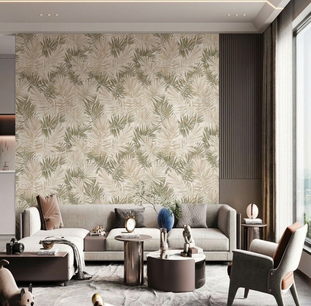 Giấy D&aacute;n Tường Art Deco M&atilde; 8268-4 Xanh R&ecirc;u Nhạt Hoạ Tiết L&aacute; Cọ Mộc Mạc