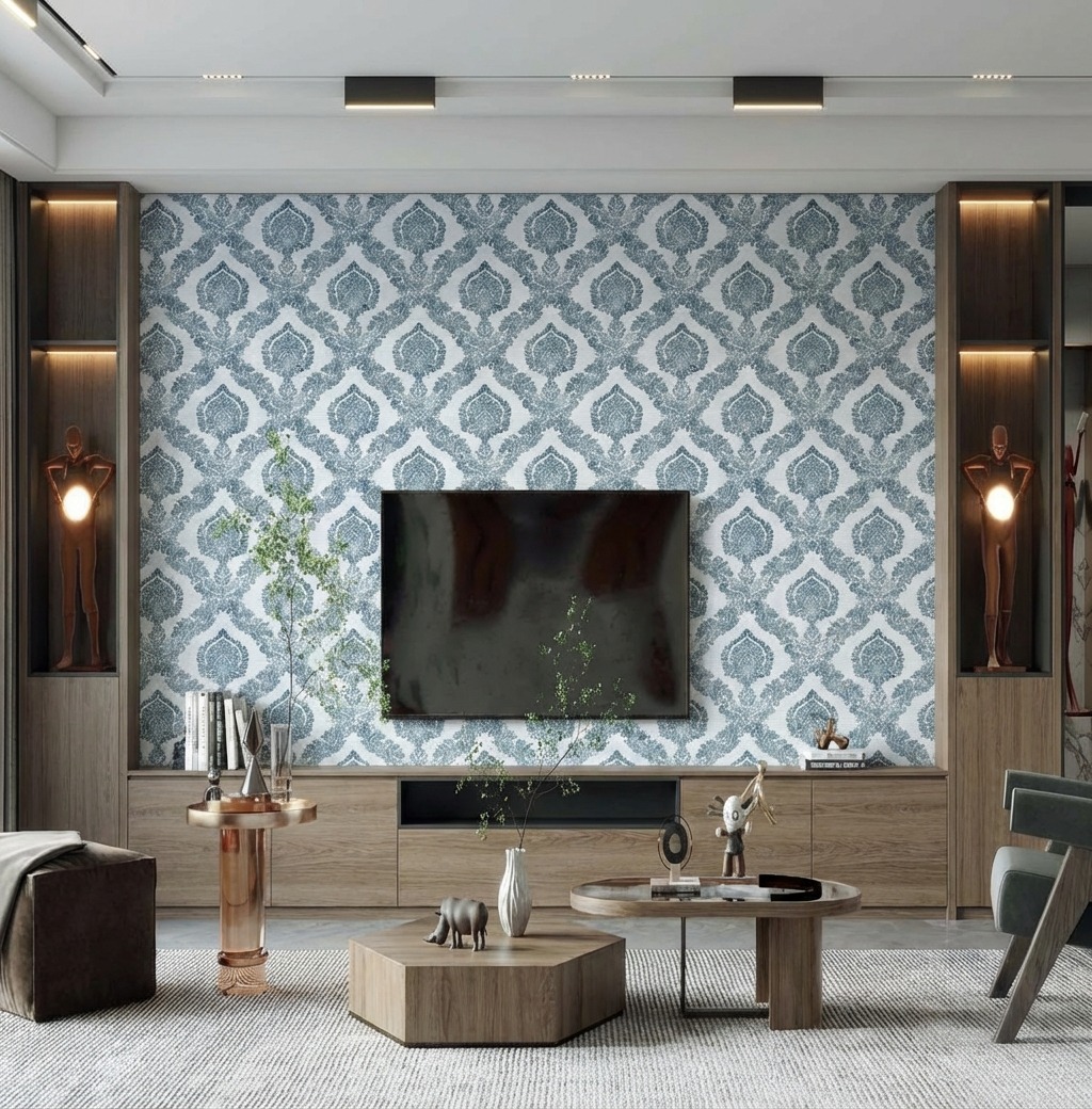 Giấy D&aacute;n Tường Art Deco M&atilde; 8271-3 Xanh Lam Hoa Văn Cổ Điển