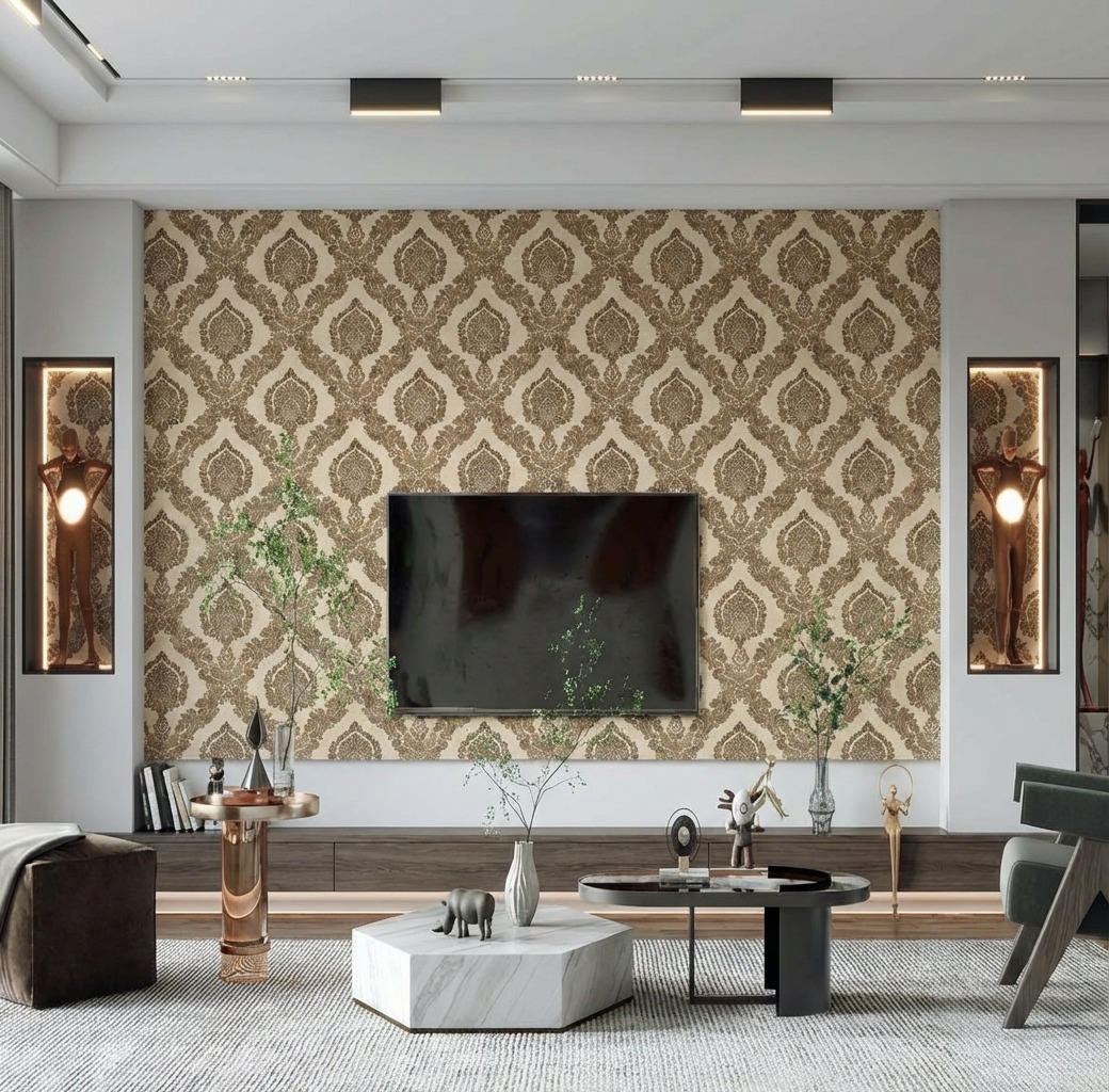 Giấy D&aacute;n Tường Art Deco M&atilde; 8271-4 N&acirc;u Be Hoa Văn Cổ Điển