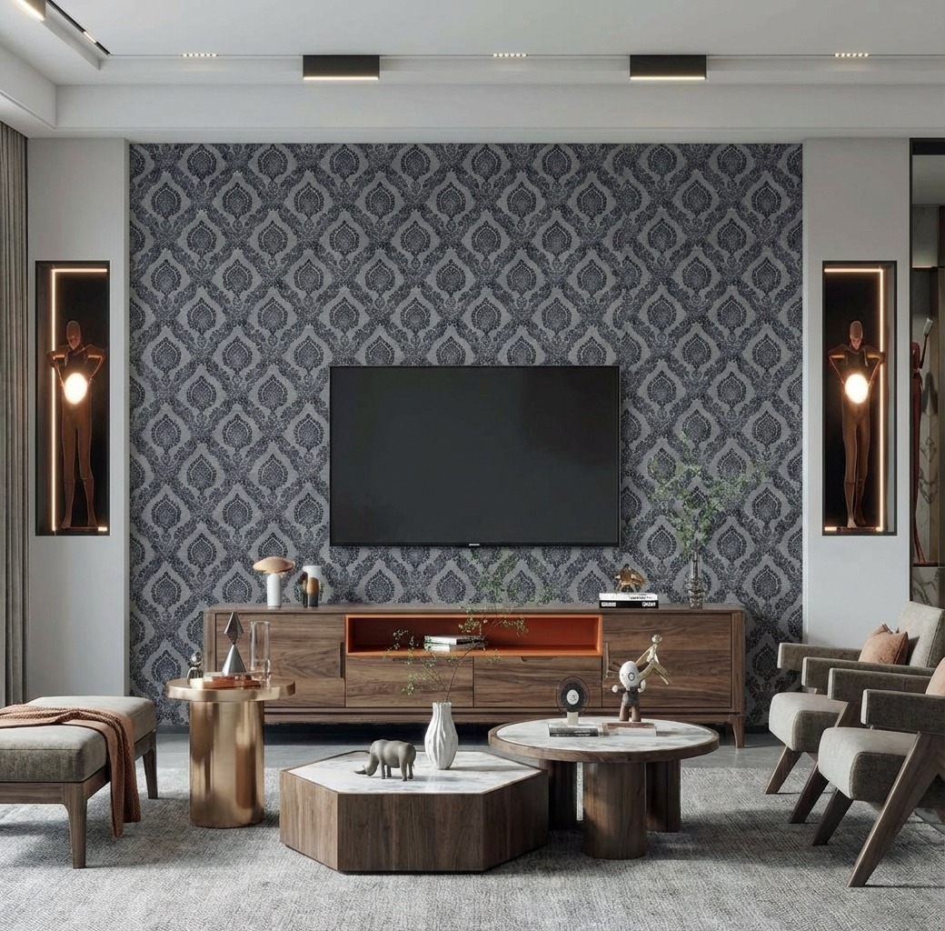 Giấy D&aacute;n Tường Art Deco M&atilde; 8271-6 X&aacute;m Đen Hoa Văn Cổ Điển