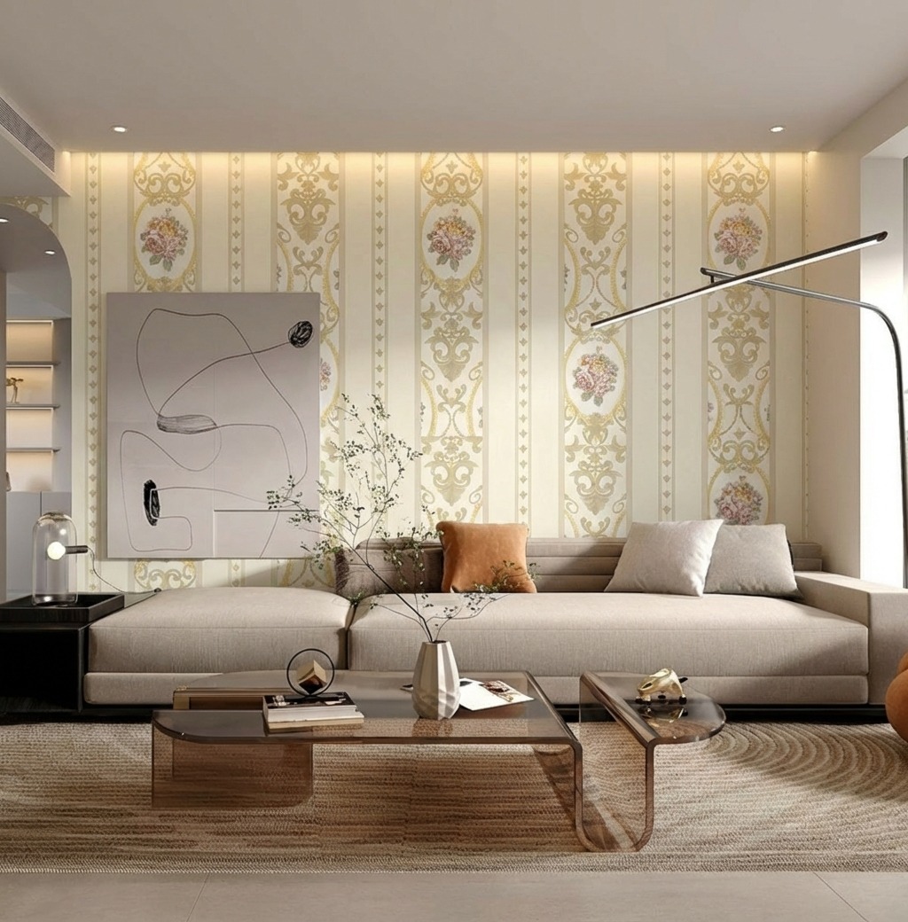 Giấy D&aacute;n Tường Cassia M&atilde; 8672-2 V&agrave;ng Nhạt Sọc Hoa Văn Trang Nh&atilde;