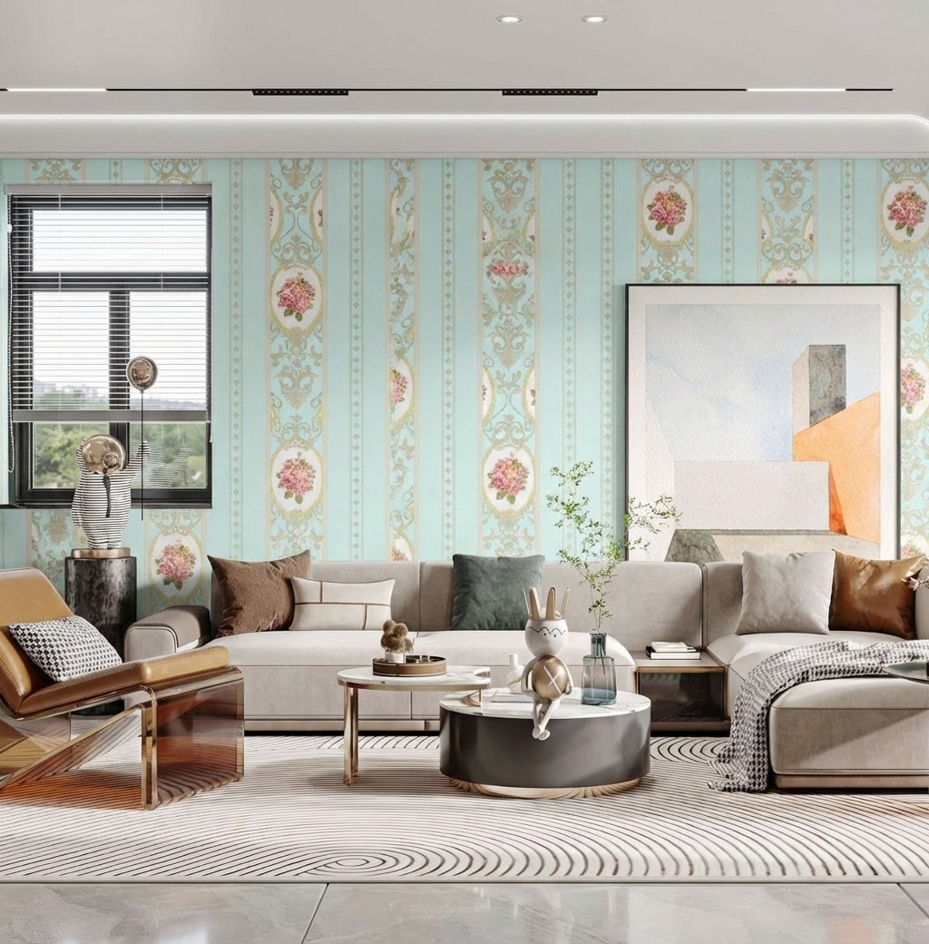 Giấy D&aacute;n Tường Cassia M&atilde; 8672-4 Xanh Bạc H&agrave; Hoạ Tiết Hoa Thanh Lịch