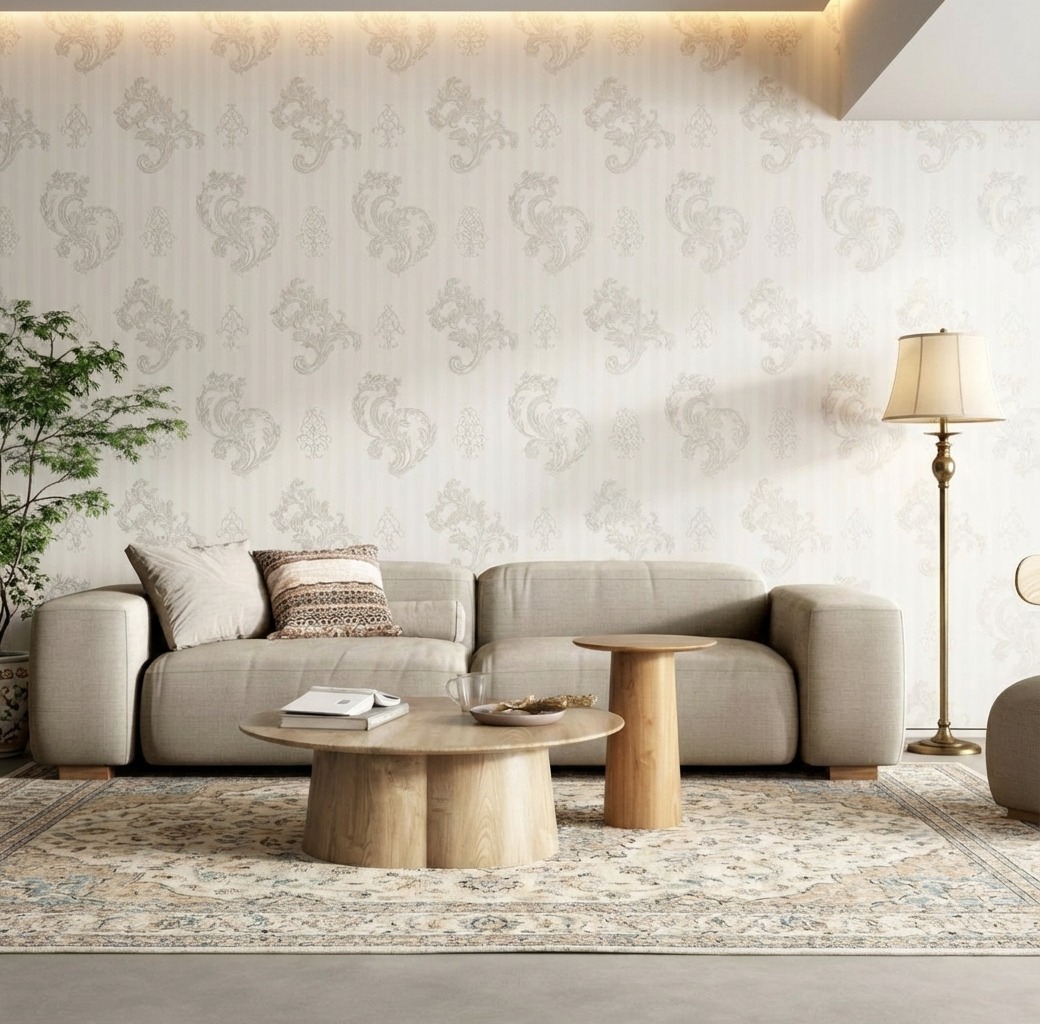 Giấy D&aacute;n Tường Cassia M&atilde; 8674-1 Trắng Kem Hoa Văn Cổ Điển Tinh Tế