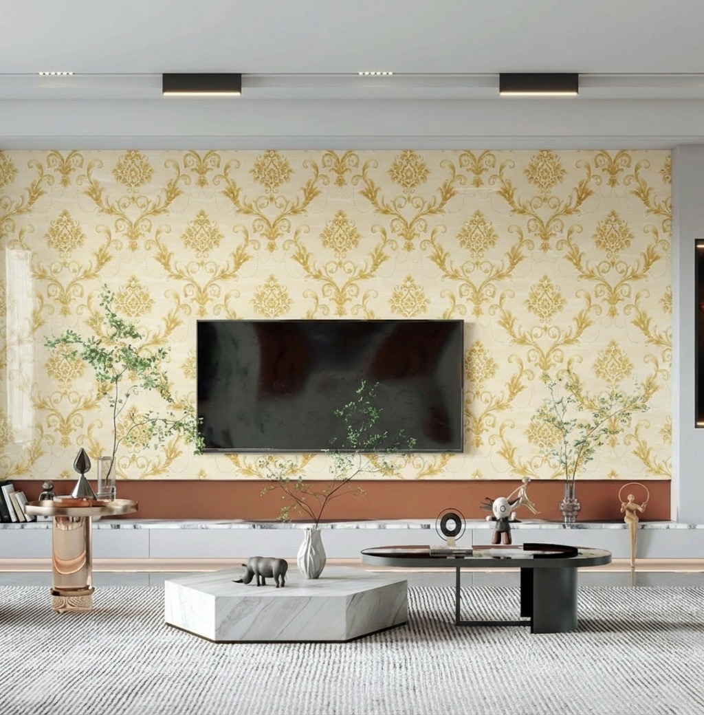 Giấy D&aacute;n Tường Cassia M&atilde; 8701-2 V&agrave;ng Ho&agrave;ng Gia Cổ Điển