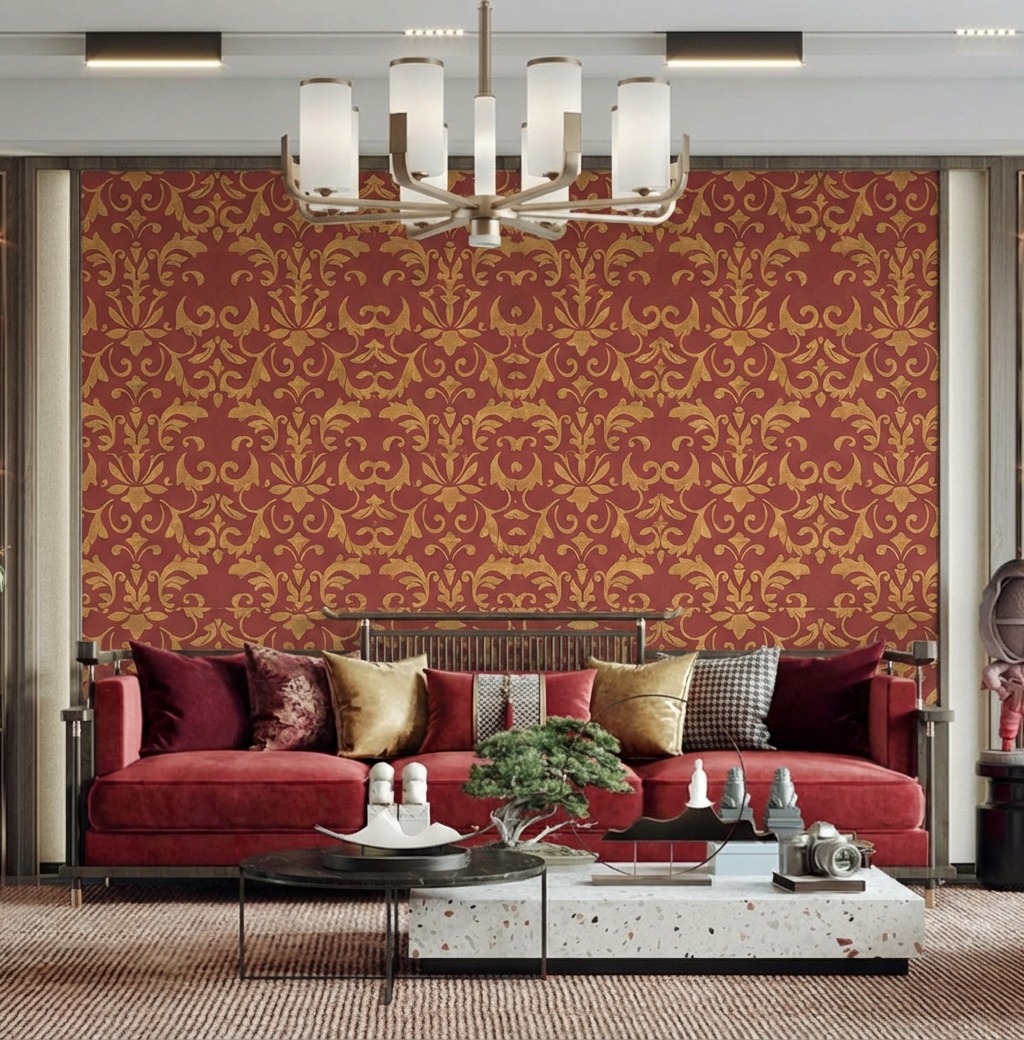 Giấy D&aacute;n Tường Nhật Bản M&atilde; Ba6239 M&agrave;u Đỏ Phối V&agrave;ng Hoa Văn Cổ Điển