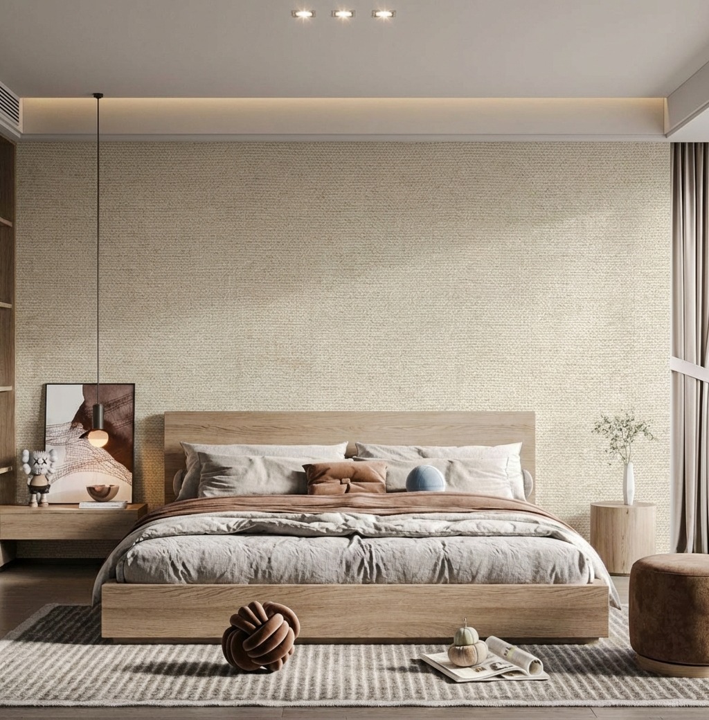 Giấy D&aacute;n Tường Nhật Bản M&atilde; Ba6284 M&agrave;u Kem Giả Vải Hiện Đại