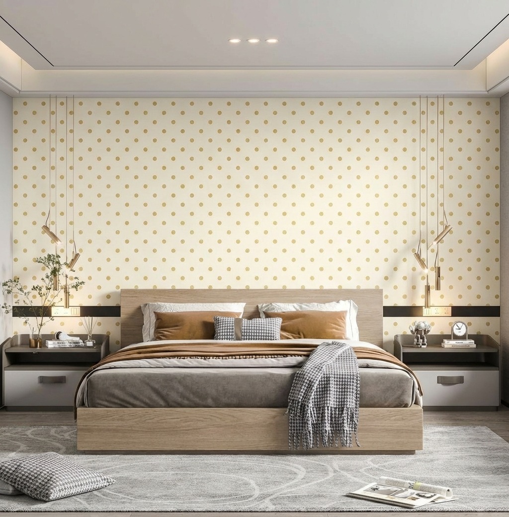 Giấy D&aacute;n Tường Nhật Bản M&atilde; Ba6370 M&agrave;u Kem Phối Chấm Bi V&agrave;ng