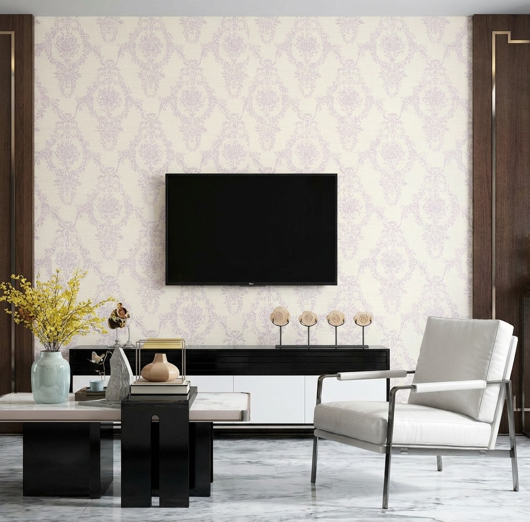 Giấy D&aacute;n Tường Nhật Bản M&atilde; Ba6399 M&agrave;u Kem Phối T&iacute;m Hoa Văn Cổ Điển