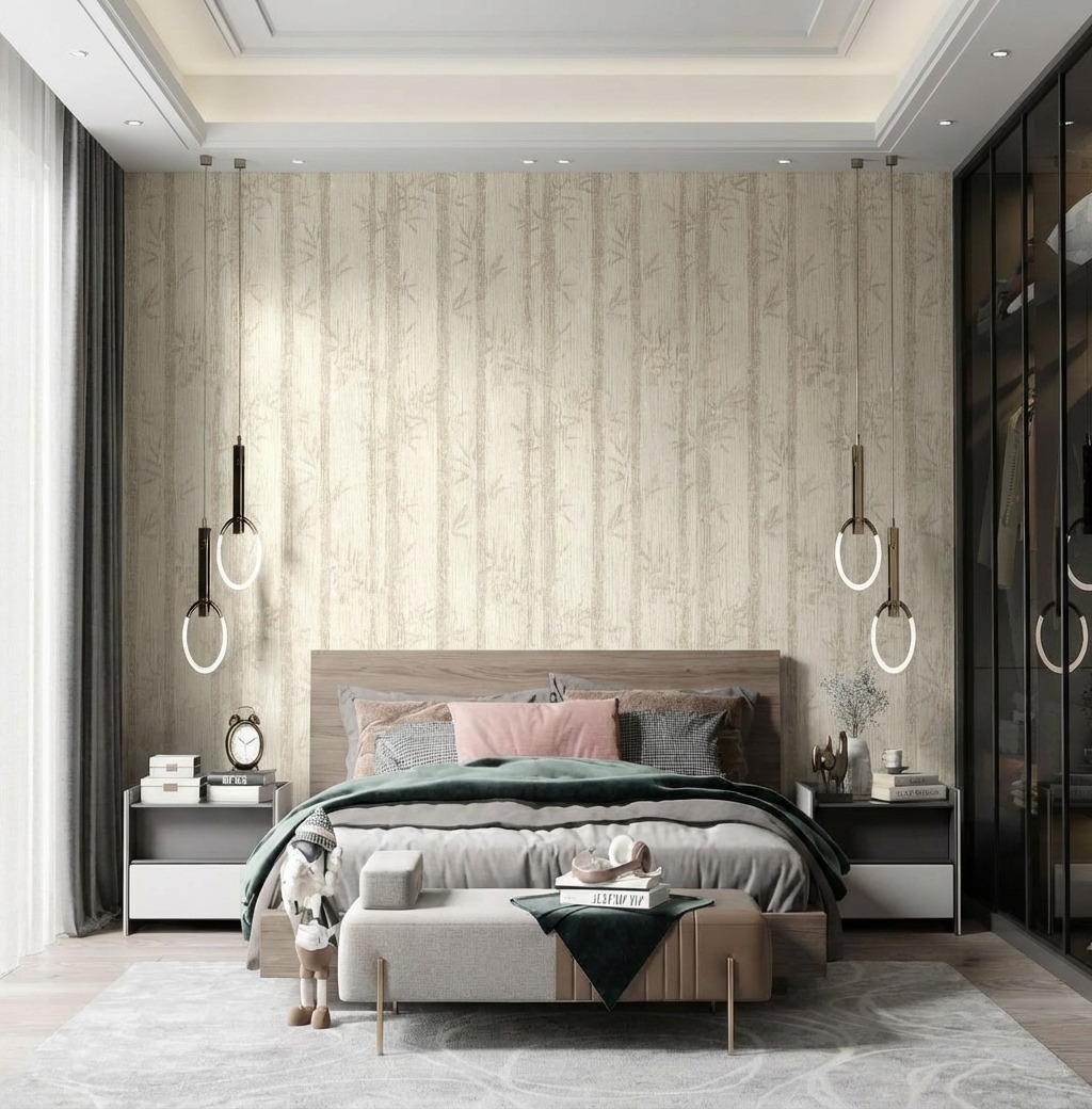 Giấy D&aacute;n Tường Nhật Bản M&atilde; Ba6452 M&agrave;u Kem Giả Th&acirc;n Tre Hiện Đại