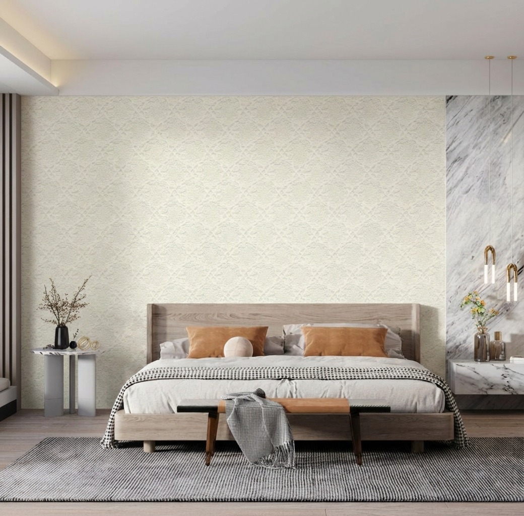 Giấy D&aacute;n Tường Nhật Bản M&atilde; Ba6355 M&agrave;u Kem Phối Trắng Hoa Văn Thanh Lịch