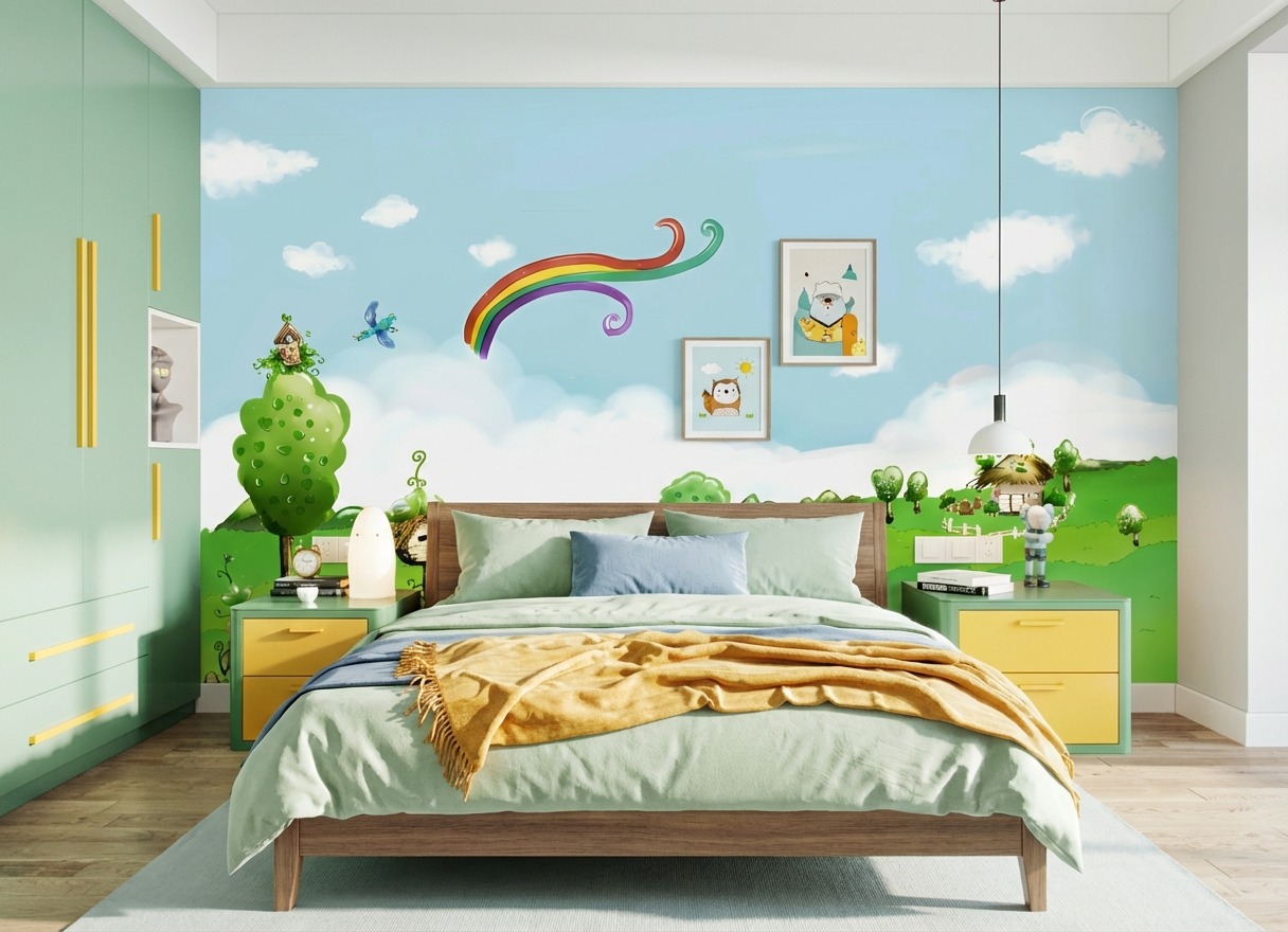 Tranh D&aacute;n Tường L&atilde;ng Mạn DRL-060: Cầu Vồng Tr&ecirc;n C&aacute;nh Đồng Xanh